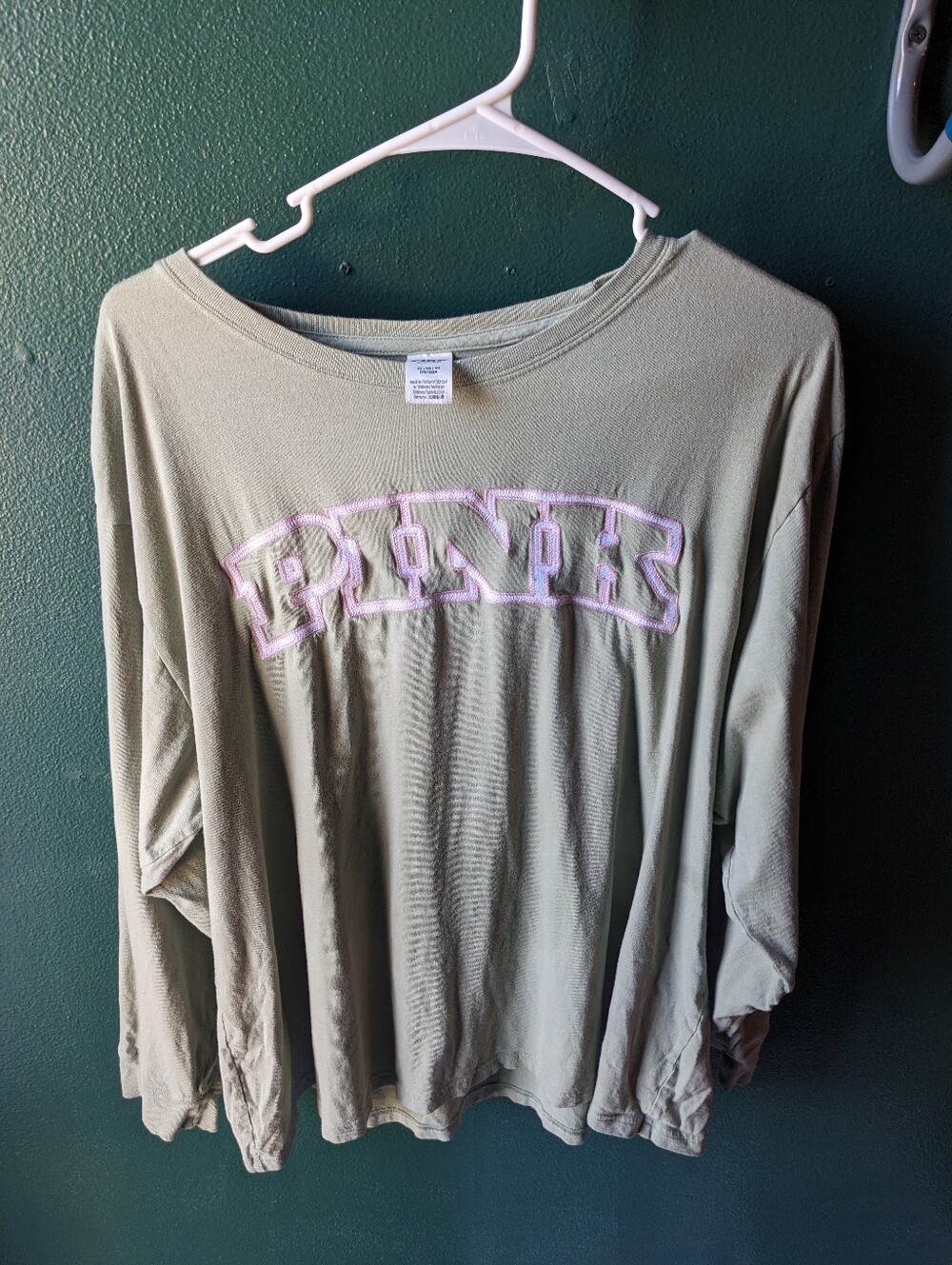 PINK Campus Long Sleve Army GreenTee Shirt Cotton